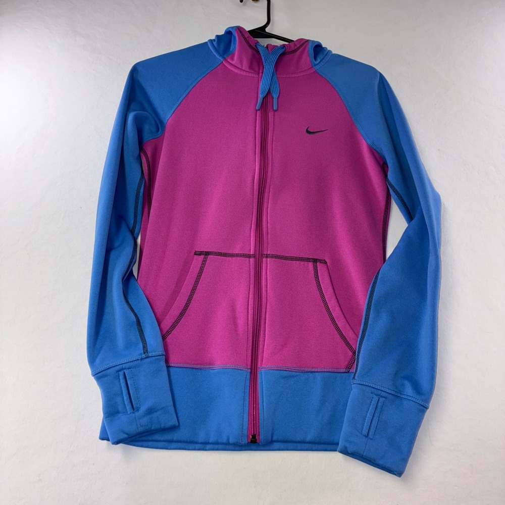 419 Nike Therma-FIT Full Zip Hoodie XS Pink Blue Colorblock Thumbhole Graphic